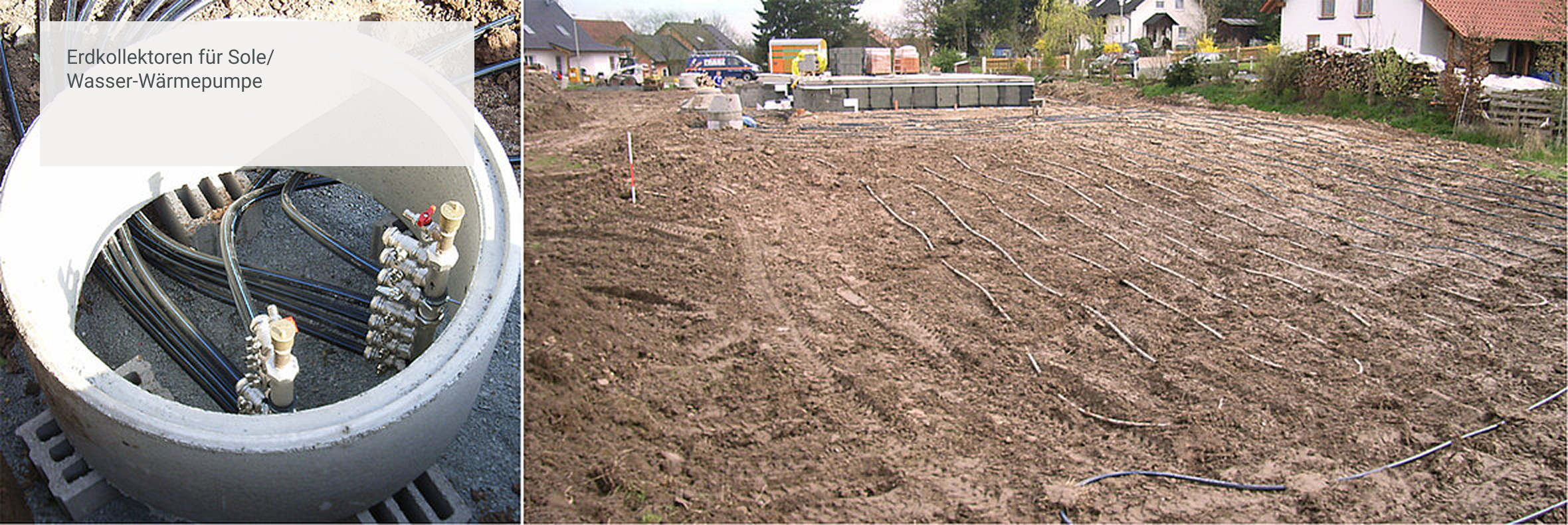 Blick auf Erdarbeiten mit verlegten Rohrleitungen für eine Sole/Wasser-Wärmepumpe; links im Bild ein offener Schacht mit mehreren angeschlossenen Verteilerleitungen, rechts ein weitläufiges Feld mit horizontalen Kollektorschleifen