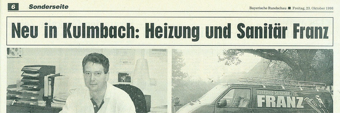 Zeitungsausschnitt von 1998: Eröffnung des Betriebs Heizung und Sanitär Franz in Kulmbach mit Porträt von Winfried Franz und erstem Firmenfahrzeug