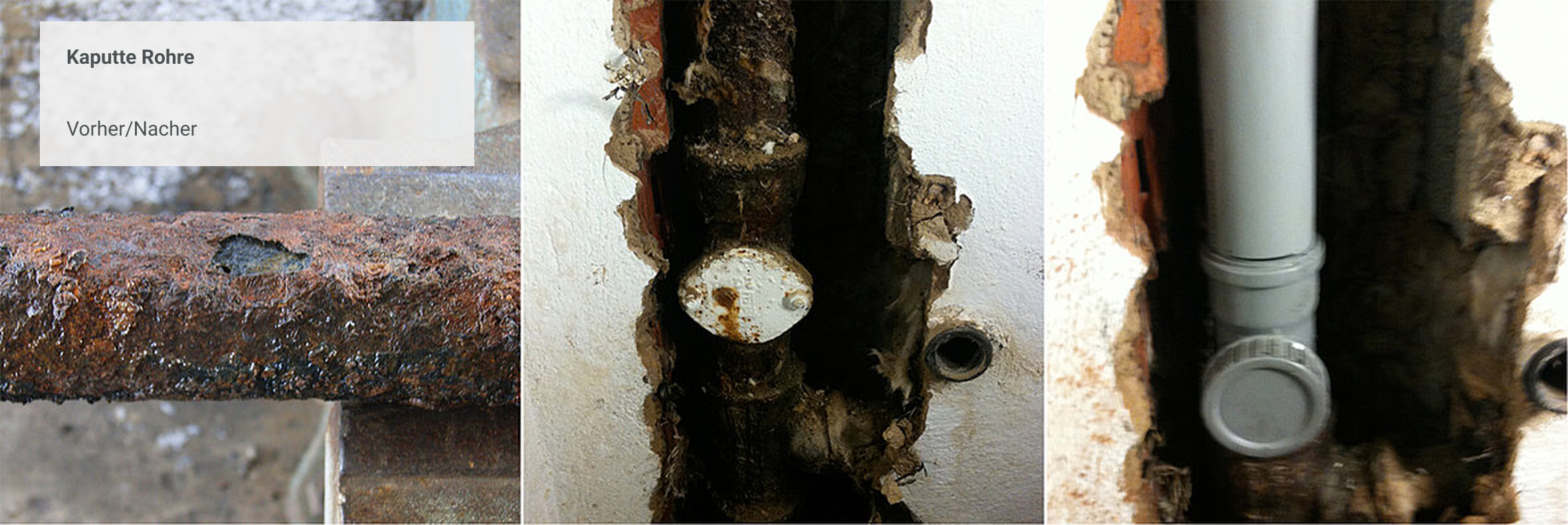 Stark verrostete und beschädigte Wasserrohre im Vorher-Nachher-Vergleich: links stark korrodiertes Rohr, mittig veraltete Installation in der Wand, rechts modernes Kunststoffrohr nach der Sanierung