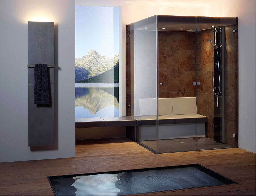 Elegante Dampfduschkabine mit dunklen Holzelementen integriert in Designer-Badezimmer