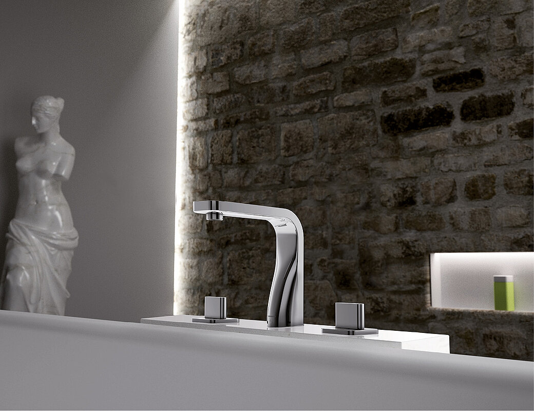 Modernes Waschbecken mit innovativer Armatur in stilvollem Badezimmer-Ambiente