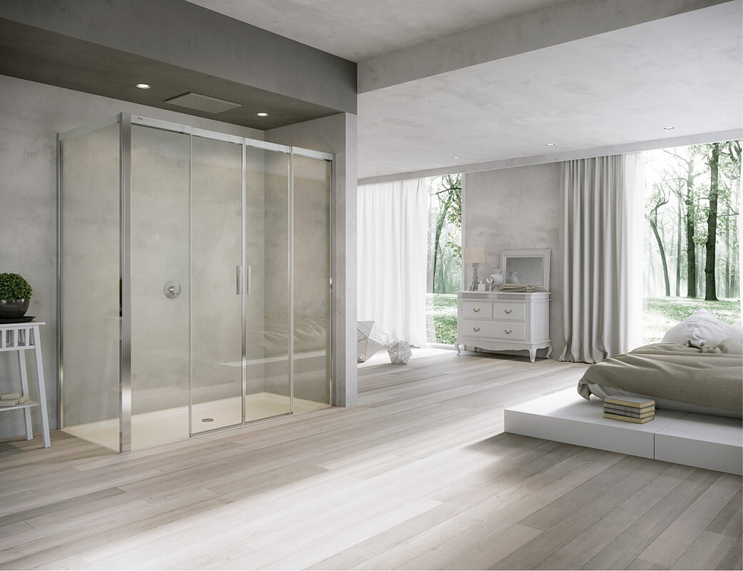 Großzügige Wellness-Duschkabine mit Glaswänden und modernem Design