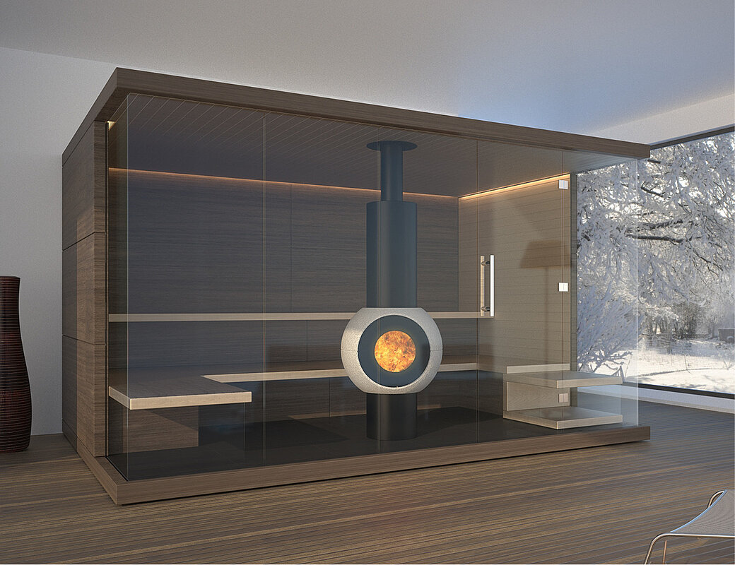 Moderne Designer-Sauna mit dunkler Glasfront und LED-Beleuchtung in minimalistischem Stil