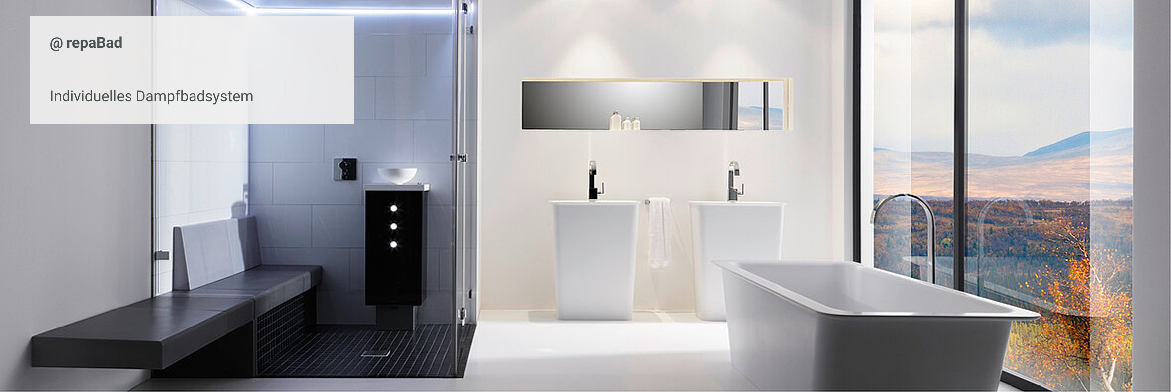 Modernes Badezimmer mit individuellem Dampfbad-System, freistehender Badewanne und Panoramafenster mit Ausblick
